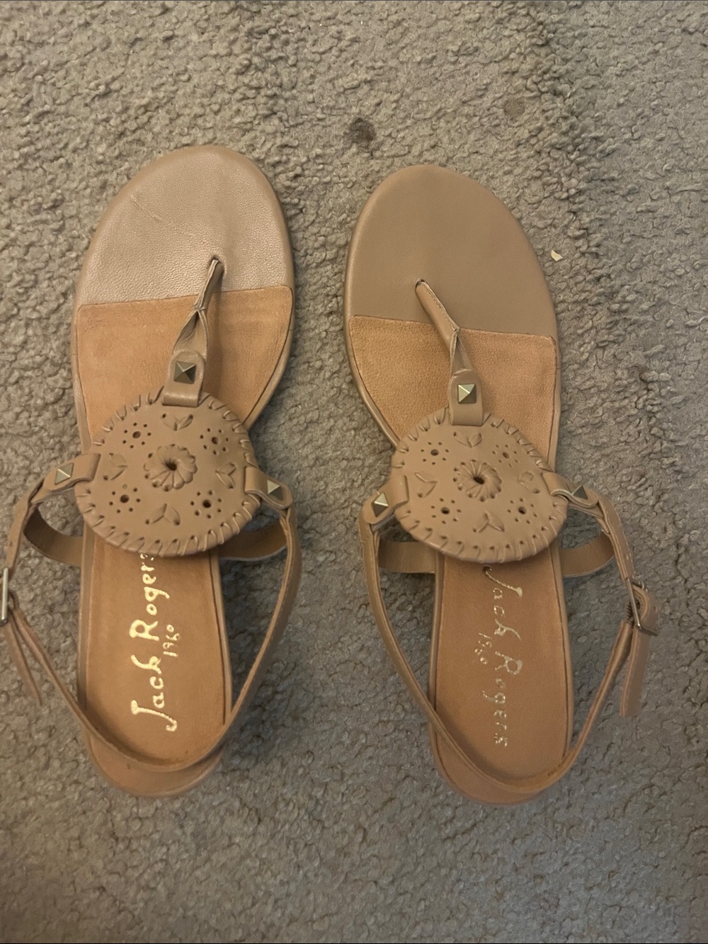 Jack Rogers Cognac Leather Whipstitch Medallion Sandals